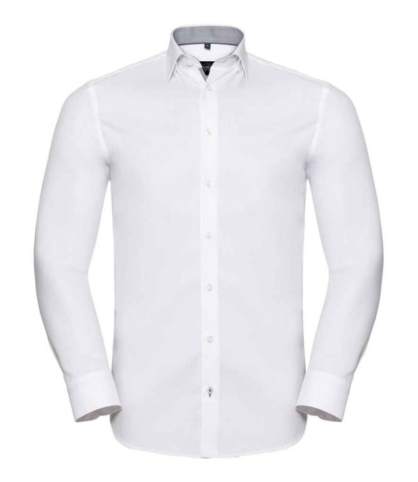 Russell Collection Long Sleeve Contrast Herringbone Shirt